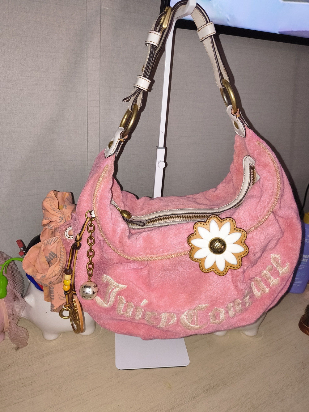 Juicy Couture Pink Velour Hobo Shoulder Bag with Floral Charm Accent